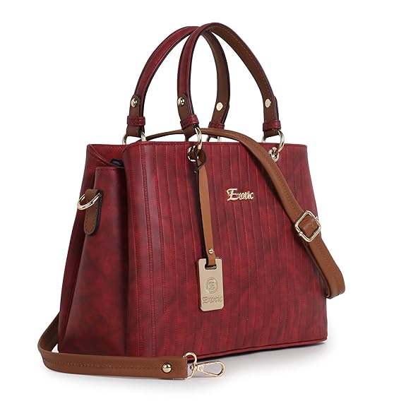Women's Stiped Faux Leather Handbag with Detachable Sling Strap - Image 6